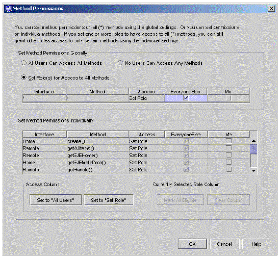Screenshot of the EJB module's Method Permissions dialog box. 