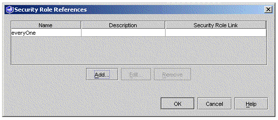 Screenshot of the enterprise bean's Security Role Reference property editor. One line of data, with Name set to everyOne. Other fields blank.