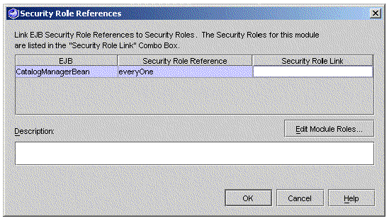 Screenshot of the EJB module's Security Role References property editor.