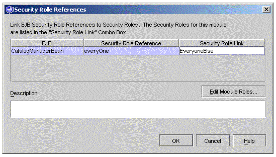 Screenshot of the EJB module's Security Role Reference property editor with linked reference. 