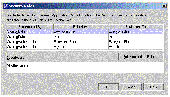 Screenshot of the J2EE application's Security Roles property editor. 