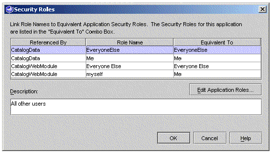 Screenshot of the J2EE application's Security Roles property editor. 