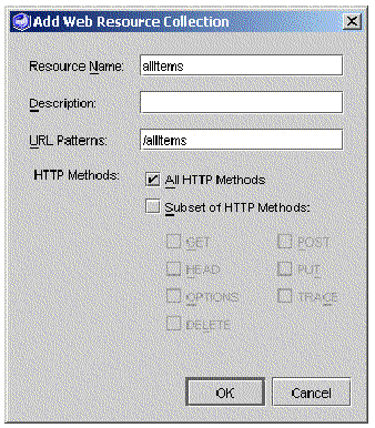 Screenshot of the Add Web Resource Collection dialog box. 