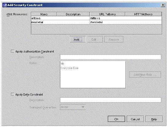 Screenshot of web module's Add Security Constraints dialog box. 