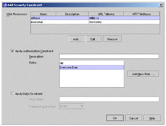 Screenshot of web module's Add Security Constraints dialog box. 