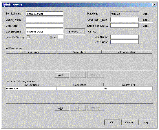 Screenshot of web module's Edit Servlet dialog, showing values for AllItemsServlet and a new mapping for roleRefMe.