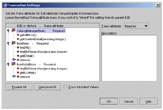 Screenshot of the EJB module's Transaction Attribute property editor with default values.