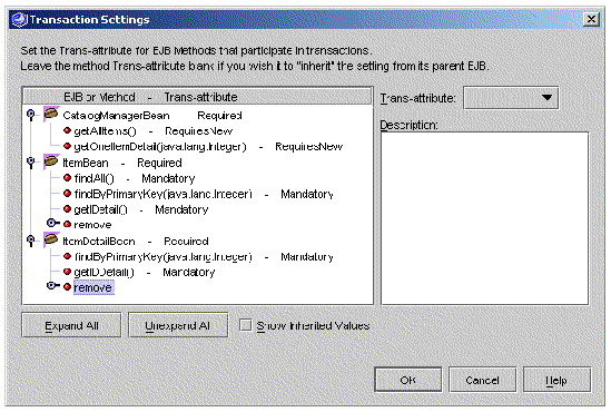 Screenshot of the EJB module's Transaction Settings property editor with the modified settings.