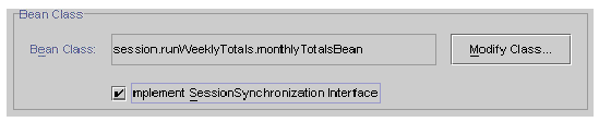 Screenshot showing part of the EJB Builder Wizard's second pane, with the Implement Session Synchronization Interface checkbox selected.