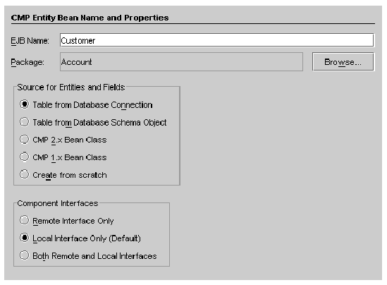 Screenshot showing the wizard's first pane and selections for a CMP entity bean. 