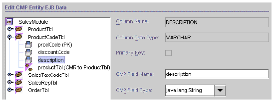 Screenshot showing the wizard's Edit CMP Entity EJB Data pane with one bean's CMP field selected. 