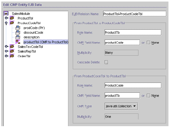 Screenshot showing the wizard's Edit CMP Entity EJB Data pane with one bean's CMR field selected. 