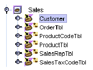 Screenshot showing the EJB module called Sales, expanded to show its related CMP entity beans.