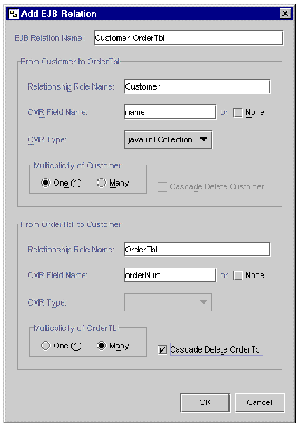 Screenshot showing the Add EJB Relation dialog box. 