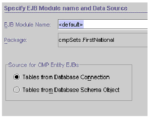 Screenshot showing the wizard's first pane and selections for a set of related CMP entity beans and their EJB module. 