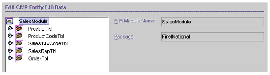 Screenshot showing the wizard's Edit CMP Entity EJB Data pane with the EJB module selected. 