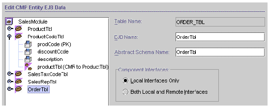 Screenshot showing the wizard's Edit CMP Entity EJB Data pane with one bean selected and expanded. 