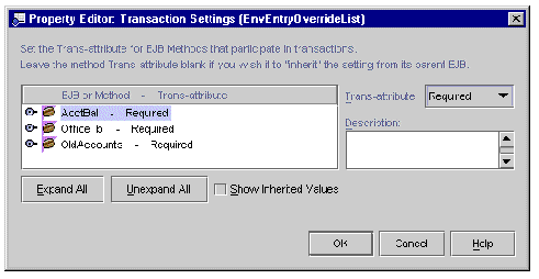 Screenshot showing the Transaction Settings dialog box for an EJB module.
