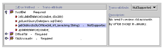 Screenshot showing a particular example method selected with its transaction attribute and description.