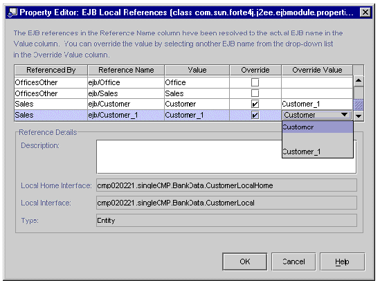 Screenshot showing the EJB Local References property editor for an EJB module.