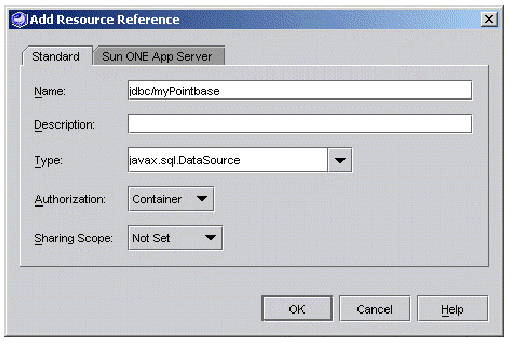 Screenshot of the Add Resource Reference property editor, showing the Standard tab with logical name of data source, type chosen from a combo box, and default value of container authorization. 