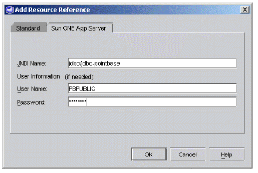 Screenshot of the Add Resource Reference property editor, showing the Sun ONE App Server tab with the actual JNDI name of the data source, the user name, and the user's password. 