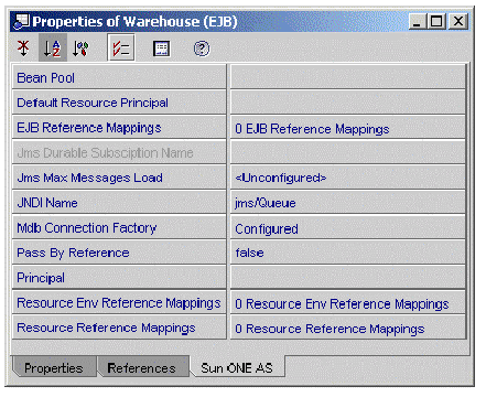 Screenshot showing the Sun ONE AS tabbed pane of a message-driven bean's property sheet.