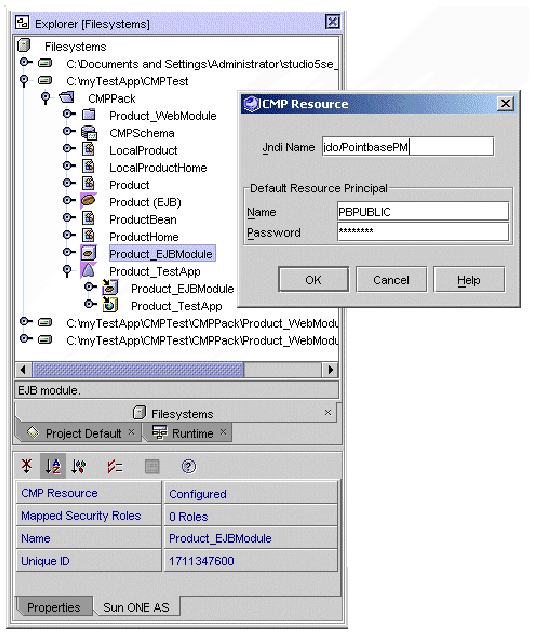 Screenshot showing Explorer's Filesystems tab, CMP entity bean with modules generated for testing, EJB module's properties, CMP Resource property on the Sun ONE AS tab, and CMP Resource property editor where database information is specified. 