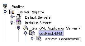 The Runtime tab of the IDE's Explorer, showing Sun ONE Application Server 7 nodes for admin server and application server instance. 
