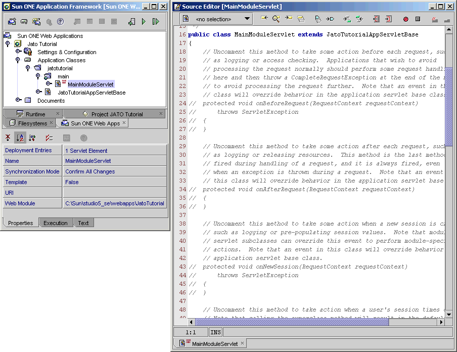 The left figure shows the application layout. The right figure shows the code in the two servlet classes that were created.