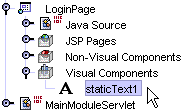 This figure shows a static text visual component that has been added to the Visual Components node.