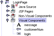 This figure shows three display fields under the View Components node of the LoginViewBean.