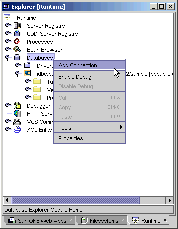 This figure shows the Explorer window with the expanded Databases node, and the Add Connection option.
