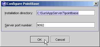This figure shows the Configure PointBase dialog prompting for a file storage location, and showing the Server port number.