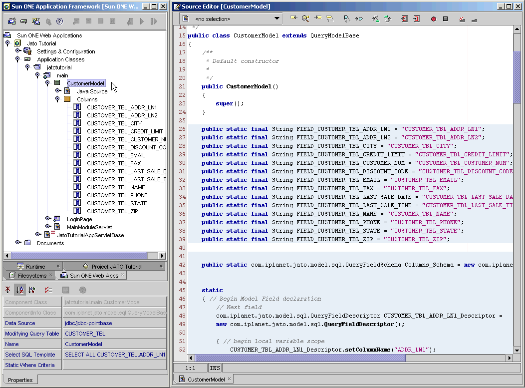 The figure on the left shows the CustomerModel object in the main module. The figure on the right shows the code that was created.