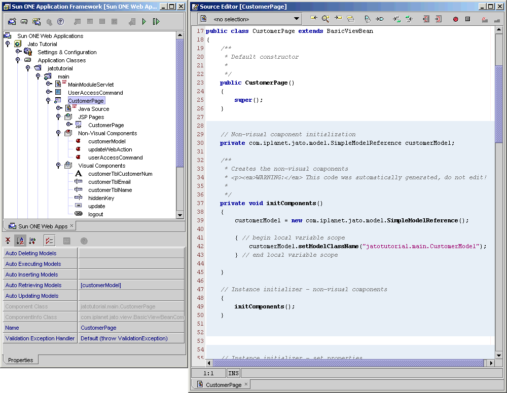 The figure on the left shows the CustomerPage object in the main module. The figure on the right shows the code that was created.