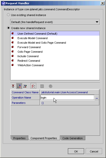 This figure shows the Operation Name entry to update from DEFAULT to login.