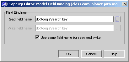 This figure shows the populated Read field name and Write field name fields in the Model Field Binding editor.