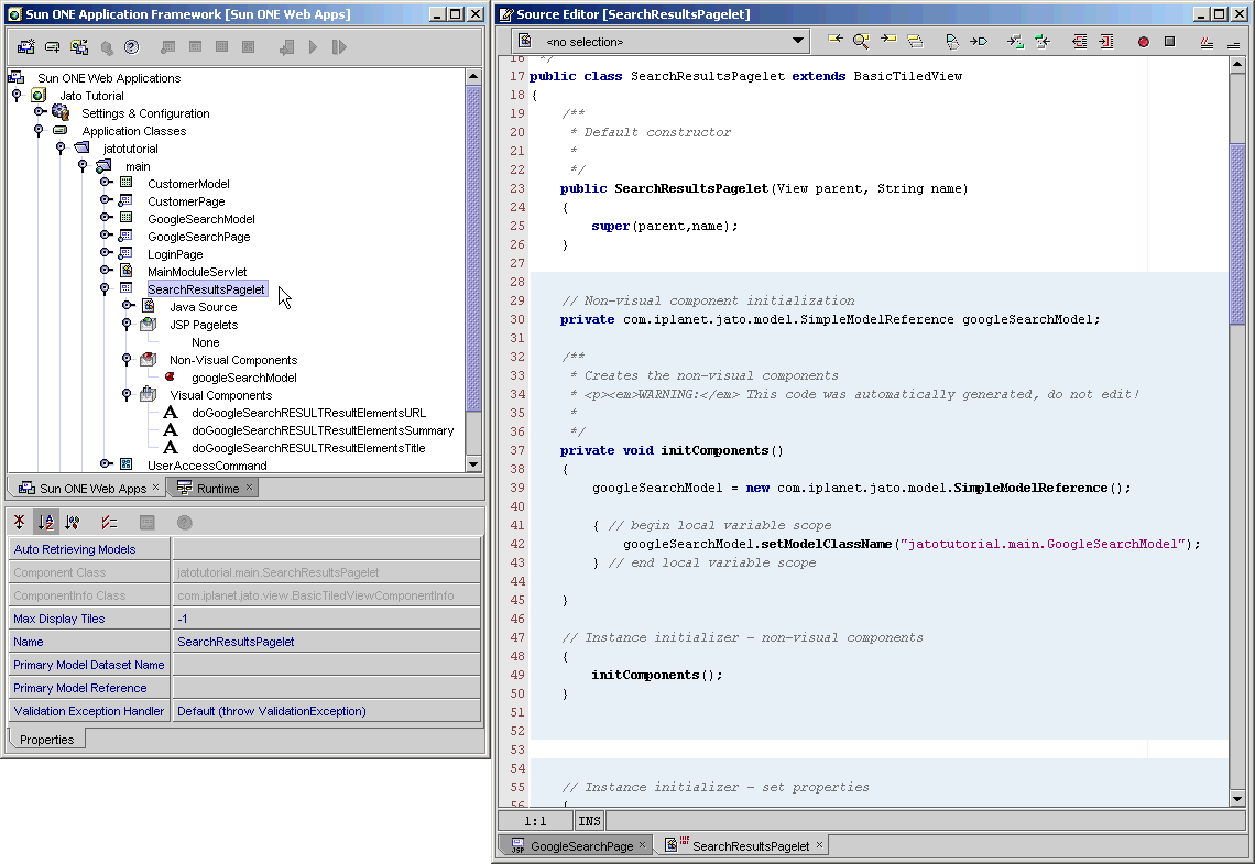 The figure on the left shows the SearchResultsPagelet TiledView. The figure on the right shows the code.
