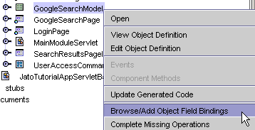 This figure shows the Browse/Add Object Field Bindings option in the GoogleSearchModel.