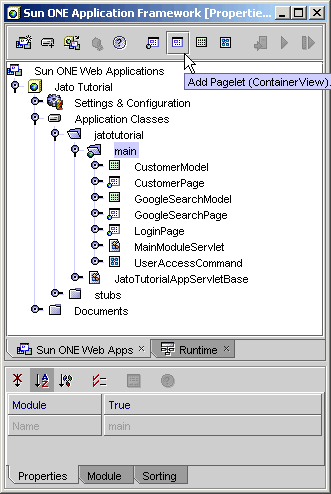 This figure shows the Add Pagelet button on the Sun ONE Application Framework toolbar.