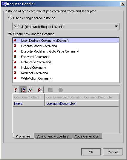 This figure shows the CommandField with CommandDescriptor property selected.This figure shows the CommandDescriptor editor.