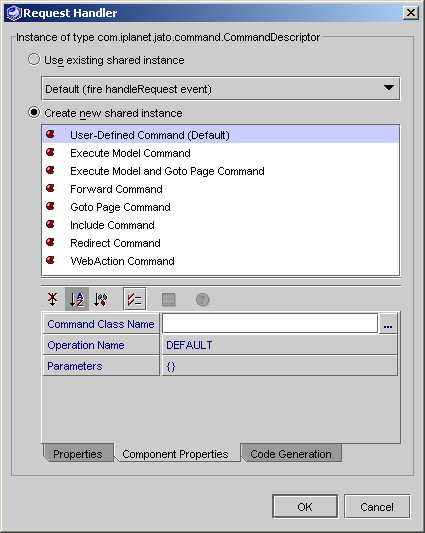 This figure shows the Command Class Name property selected within the Component Properties tab.