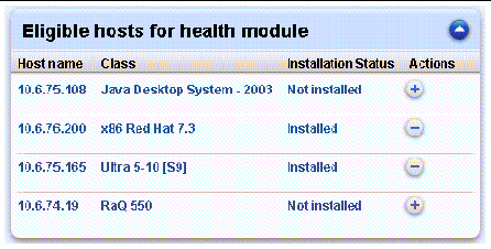 This screenshot shows a sample table listing the eligible hosts on which the administrator can install the Health Monitoring module.