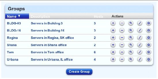This screenshot shows a sample of the table listing the groups of managed hosts; the button is Create Group.