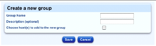 This screenshot shows the table for creating a new group of managed hosts; the buttons are Save and Cancel.
