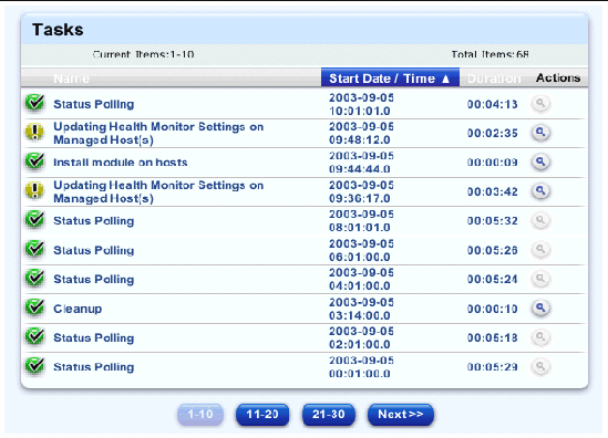 This screenshot shows a sample of the Tasks table; the buttons are Next, as well as a range of numbered tasks (for example, 11 through 20).