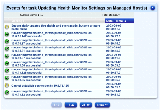 This screenshot shows a sample of the Events table for a given task; the buttons are Next, as well as a range of numbered events (for example, 11 through 20).