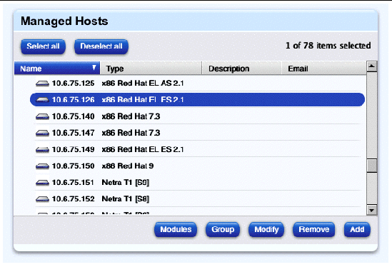 This screenshot shows a sample of the Managed Hosts table; the buttons are Modules, Group, Modify, Remove and Add.