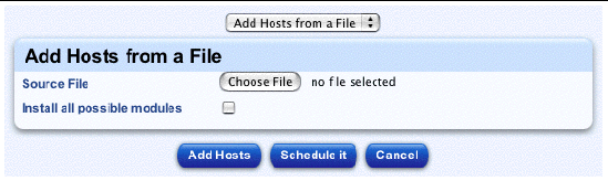 This screenshot shows the table for adding a list of hosts from a text file; the buttons are Add Hosts, Schedule It and Cancel.